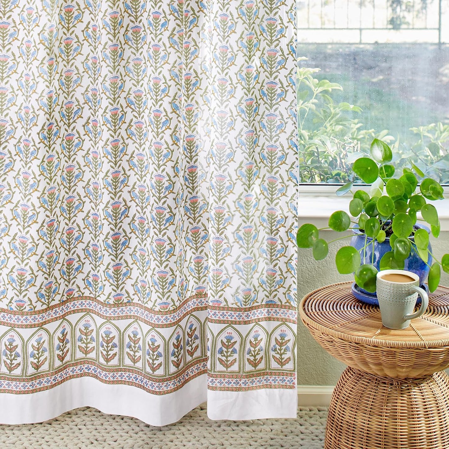 White Sheer Curtain Panel with Tieback, Ivy Lace Leaf Design Tab Top for Light Filtering & Privacy 100% Cotton Voile Hand Block Printed 44 x 84 Inches