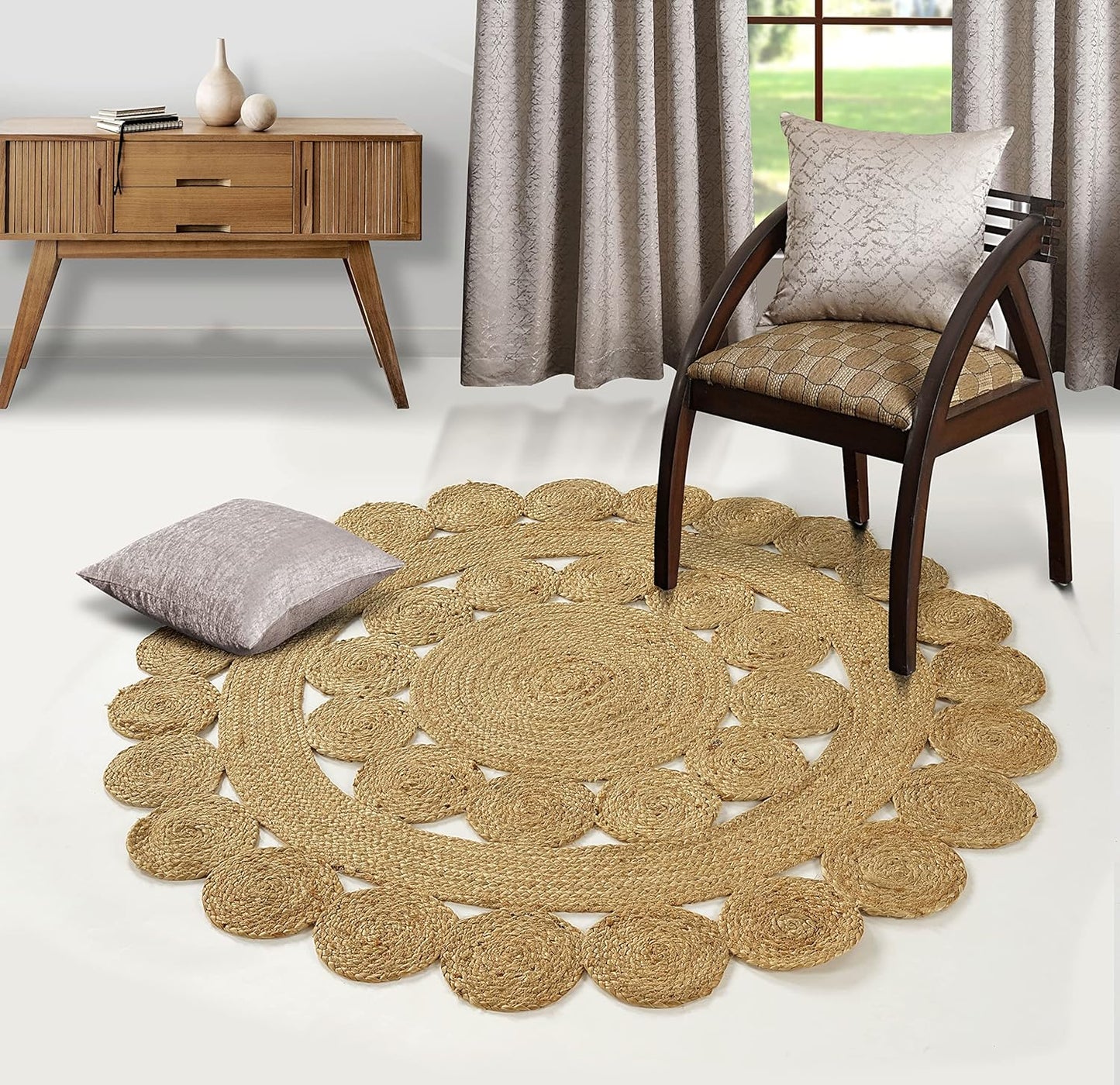 GRUHUM Round Jute Area Rug 9ft Natural Fiber Multicolour Handmade Boho Charm Farmhouse Soft Braided Rustic Vintage Rug for Indoor Kitchen Bedroom Living Room Hallways Enterways(9' feet Round)
