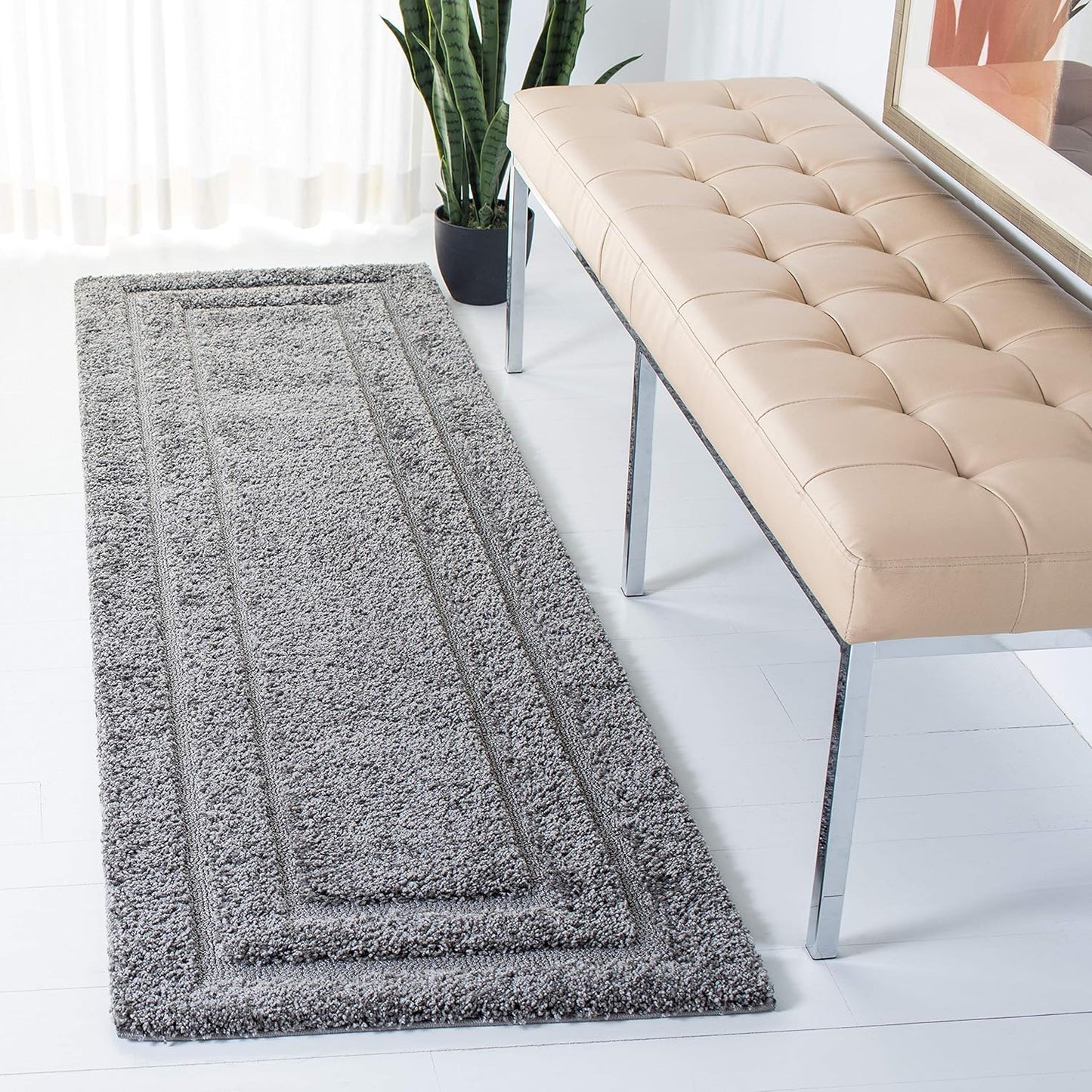 SAFAVIEH Florida Shag Collection Area Rug - 6'7" Round, Creme & Creme, Border Design, Non-Shedding & Easy Care, 1.2-inch Thick Ideal for High Traffic Areas in Living Room, Bedroom (SG454-1111)