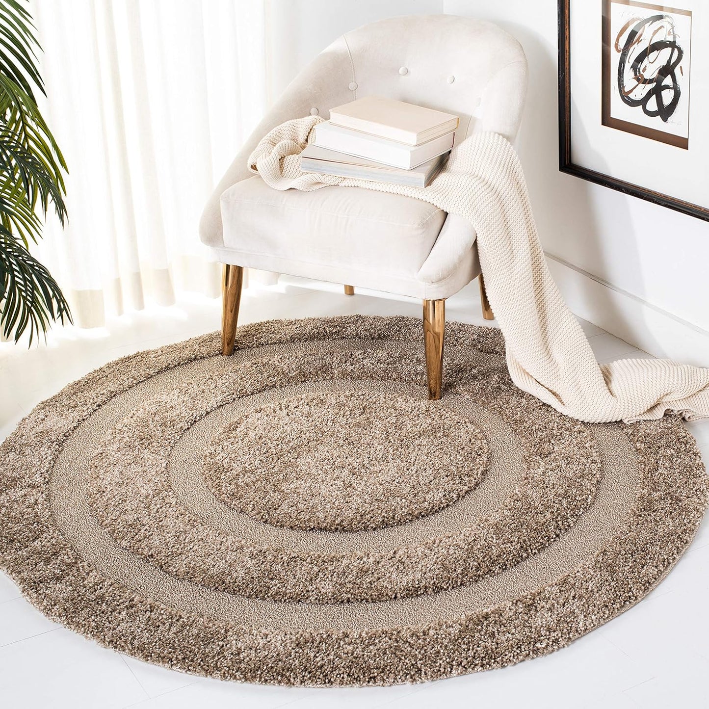 SAFAVIEH Florida Shag Collection Area Rug - 6'7" Round, Creme & Creme, Border Design, Non-Shedding & Easy Care, 1.2-inch Thick Ideal for High Traffic Areas in Living Room, Bedroom (SG454-1111)