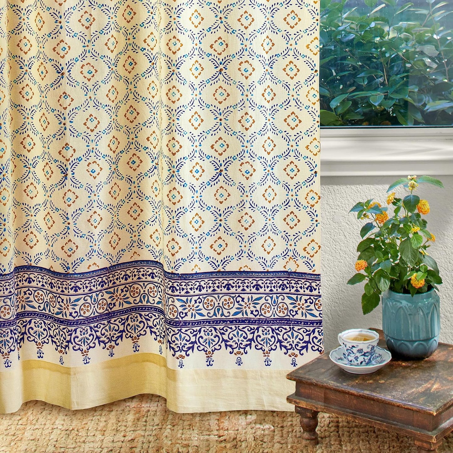 White Sheer Curtain Panel with Tieback, Ivy Lace Leaf Design Tab Top for Light Filtering & Privacy 100% Cotton Voile Hand Block Printed 44 x 84 Inches