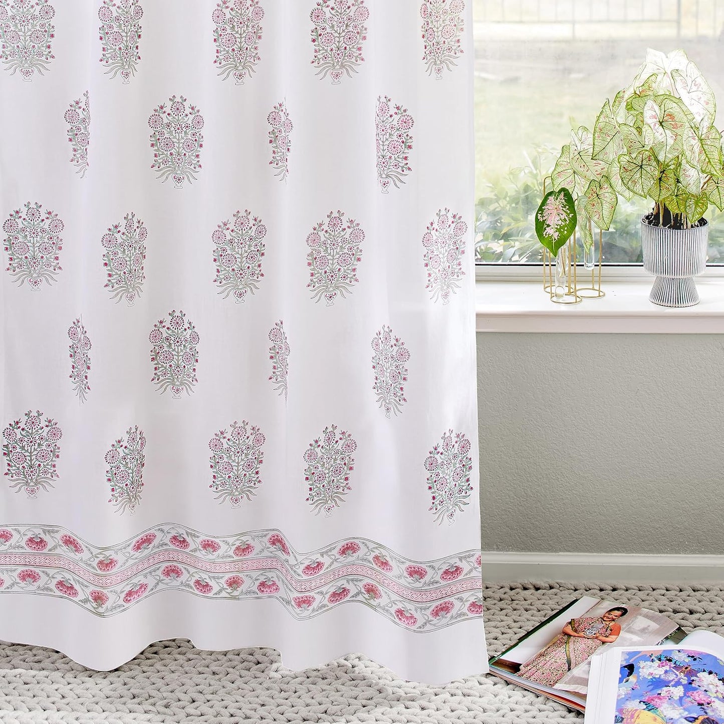 White Sheer Curtain Panel with Tieback, Ivy Lace Leaf Design Tab Top for Light Filtering & Privacy 100% Cotton Voile Hand Block Printed 44 x 84 Inches