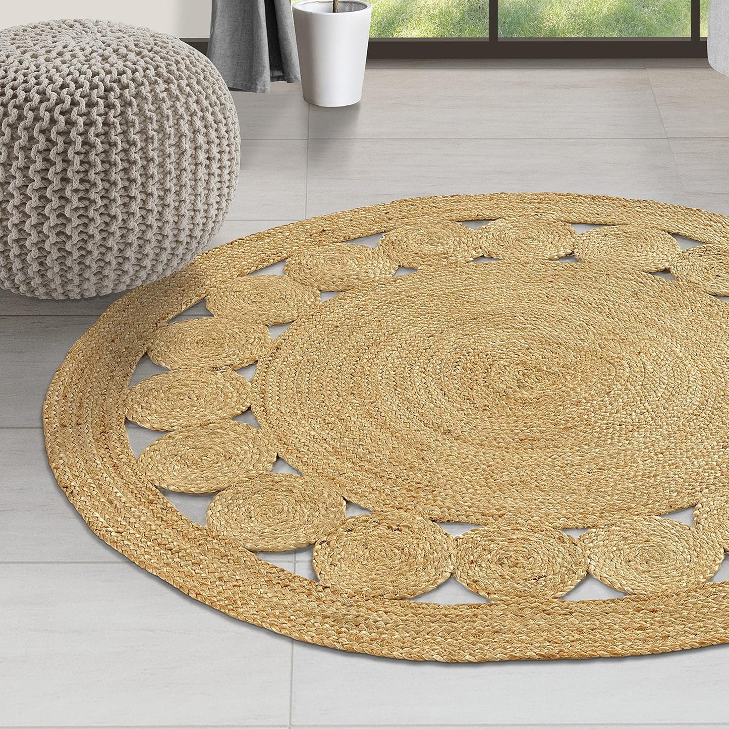 GRUHUM Round Jute Area Rug 9ft Natural Fiber Multicolour Handmade Boho Charm Farmhouse Soft Braided Rustic Vintage Rug for Indoor Kitchen Bedroom Living Room Hallways Enterways(9' feet Round)