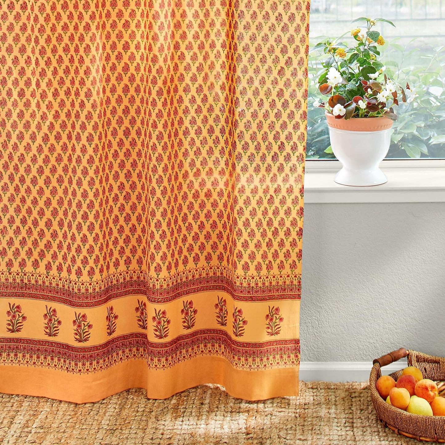 White Sheer Curtain Panel with Tieback, Ivy Lace Leaf Design Tab Top for Light Filtering & Privacy 100% Cotton Voile Hand Block Printed 44 x 84 Inches