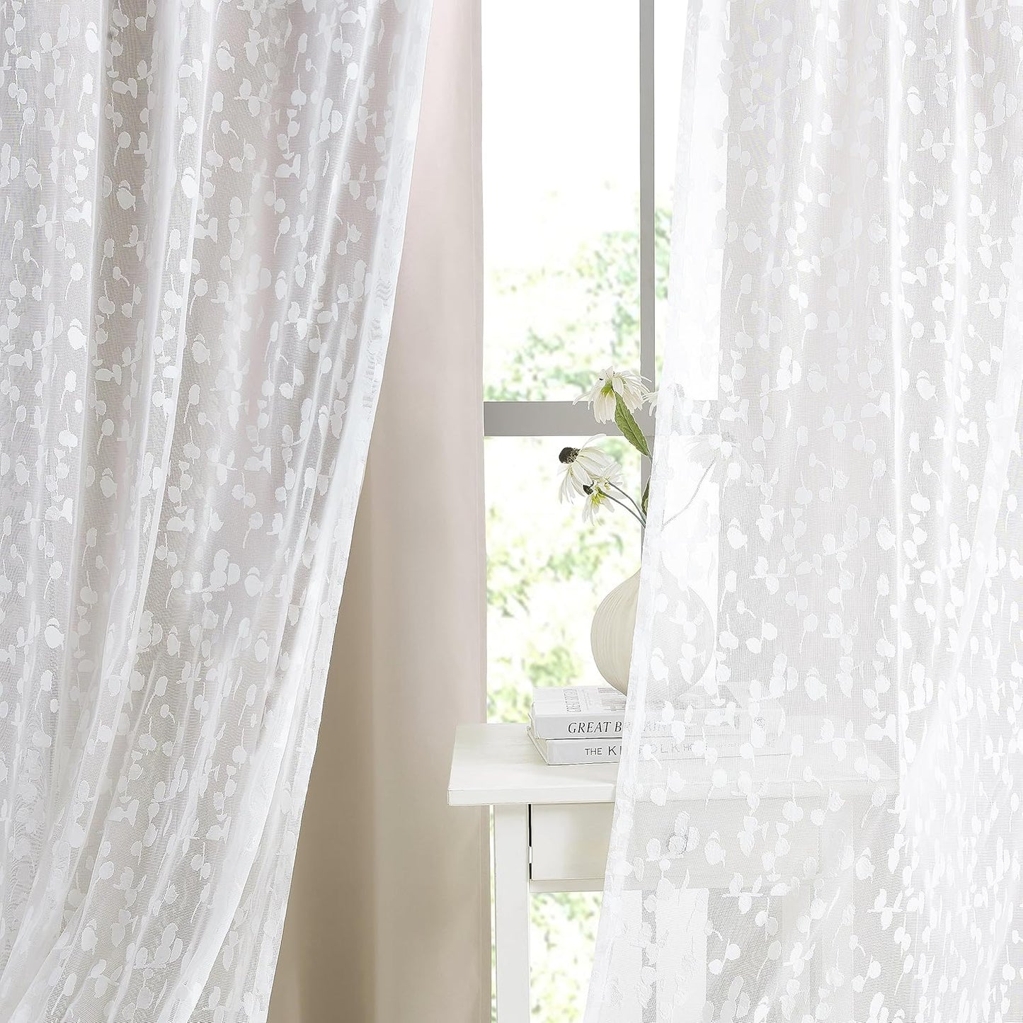 Jubilantex Mix Matched Curtains Leaf Sheer Lace 2 Panels & 2 Full Blackout Curtains Room Darkening Beige Window Treatments for Bedroom Living Room Grommet Top Design 52" W x 84" L Beige & White