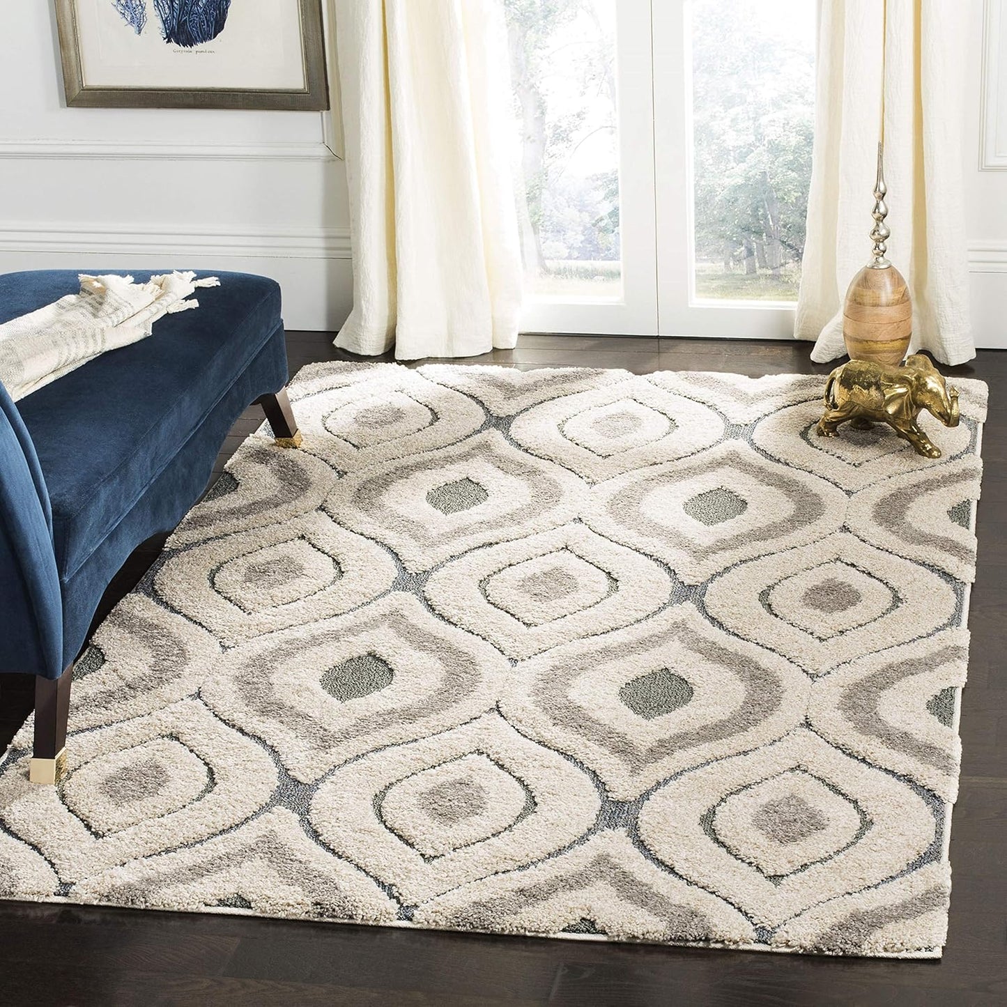 SAFAVIEH Florida Shag Collection Area Rug - 6'7" Round, Cream & Smoke, Modern Ogee Design, Non-Shedding & Easy Care, 1.2-inch Thick Ideal for High Traffic Areas in Living Room, Bedroom (SG461-1179)