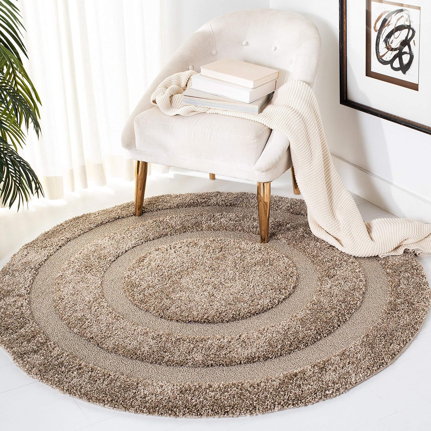 SAFAVIEH Florida Shag Collection Area Rug - 6'7" Round, Creme & Creme, Border Design, Non-Shedding & Easy Care, 1.2-inch Thick Ideal for High Traffic Areas in Living Room, Bedroom (SG454-1111)
