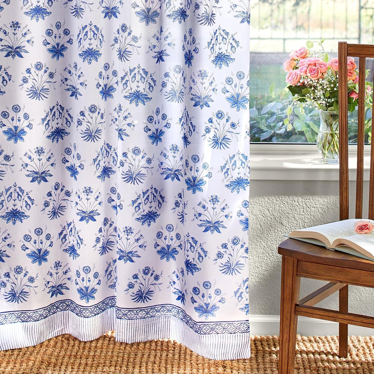 White Sheer Curtain Panel with Tieback, Ivy Lace Leaf Design Tab Top for Light Filtering & Privacy 100% Cotton Voile Hand Block Printed 44 x 84 Inches